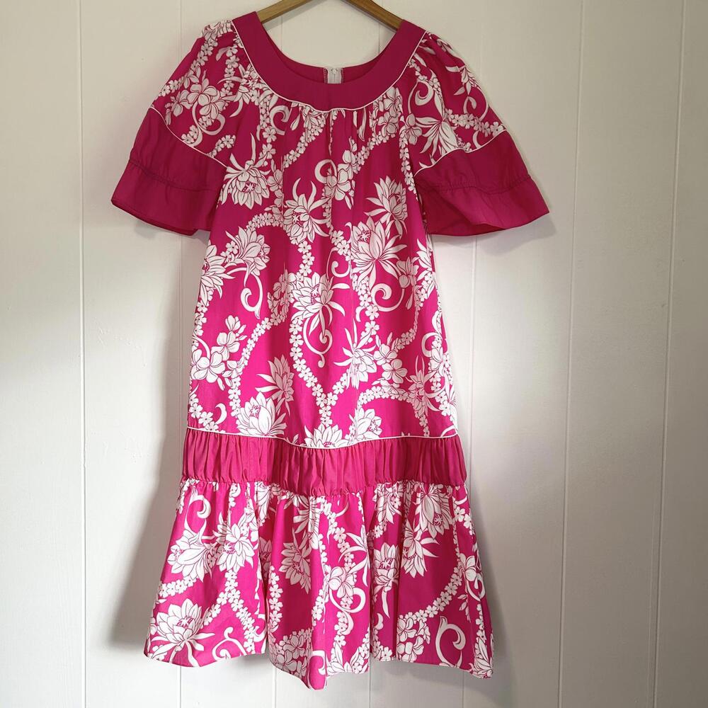 VTG Rainbow Hawaii Pink Floral Lei Plumeria Long Mu’umu’u Dress Women's Medium